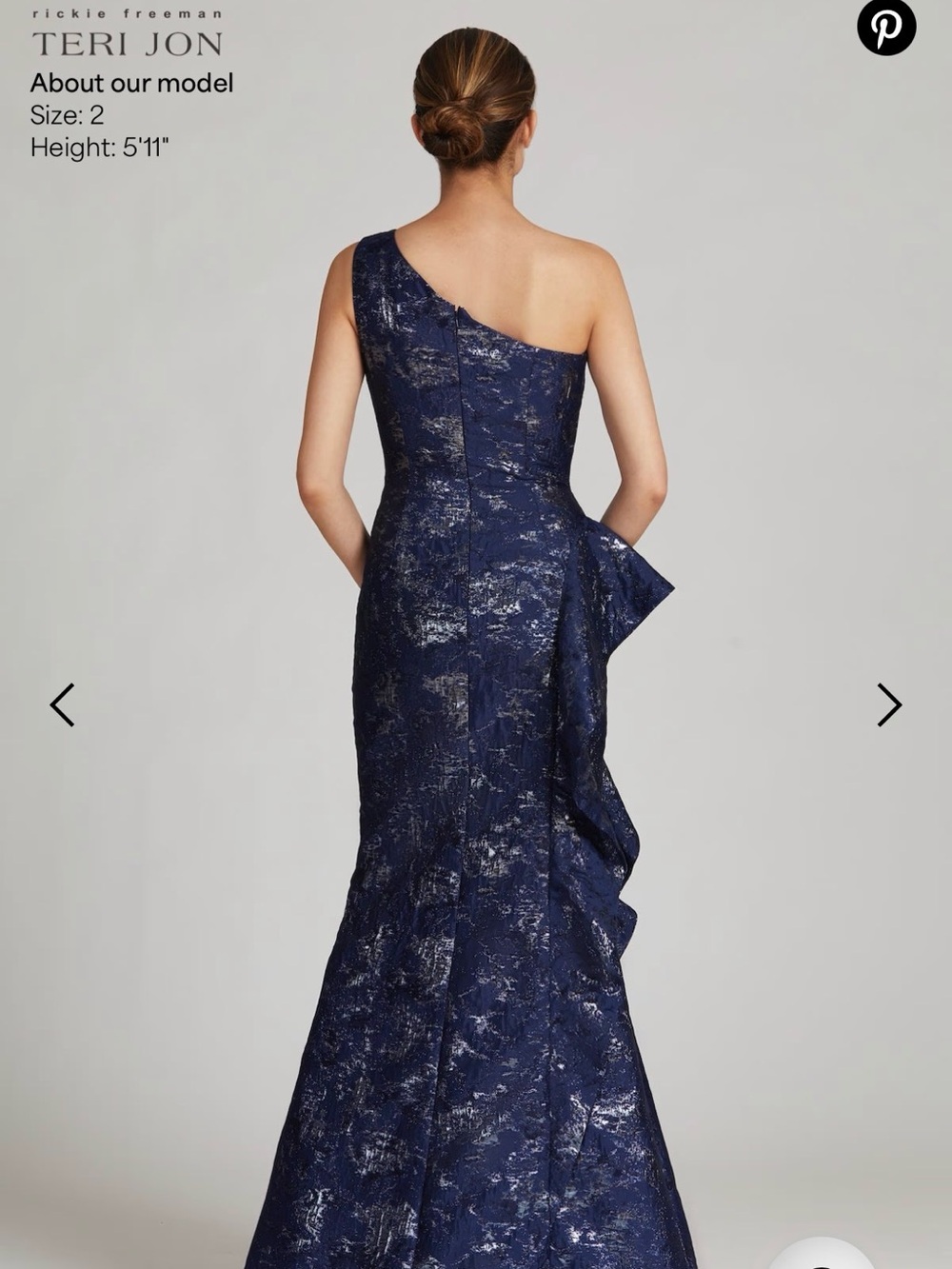 Teri Jon Navy and Silver One-Shoulder Metallic Jacquard Gown